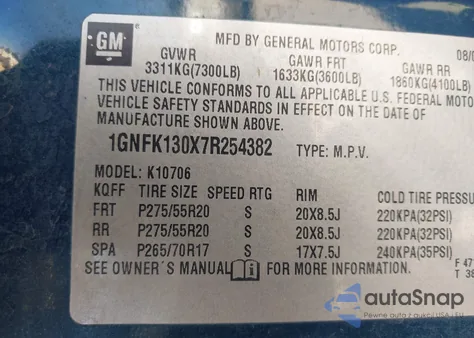 2007 Chevrolet Tahoe Ltz z USA, uszkodzony, nr VIN 1GNFK130X7R254382